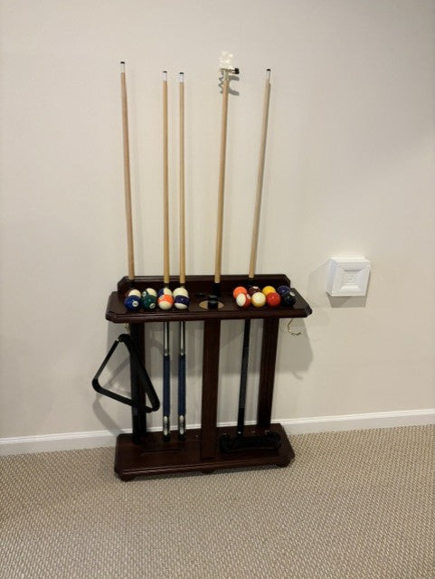 Cues, balls, rack