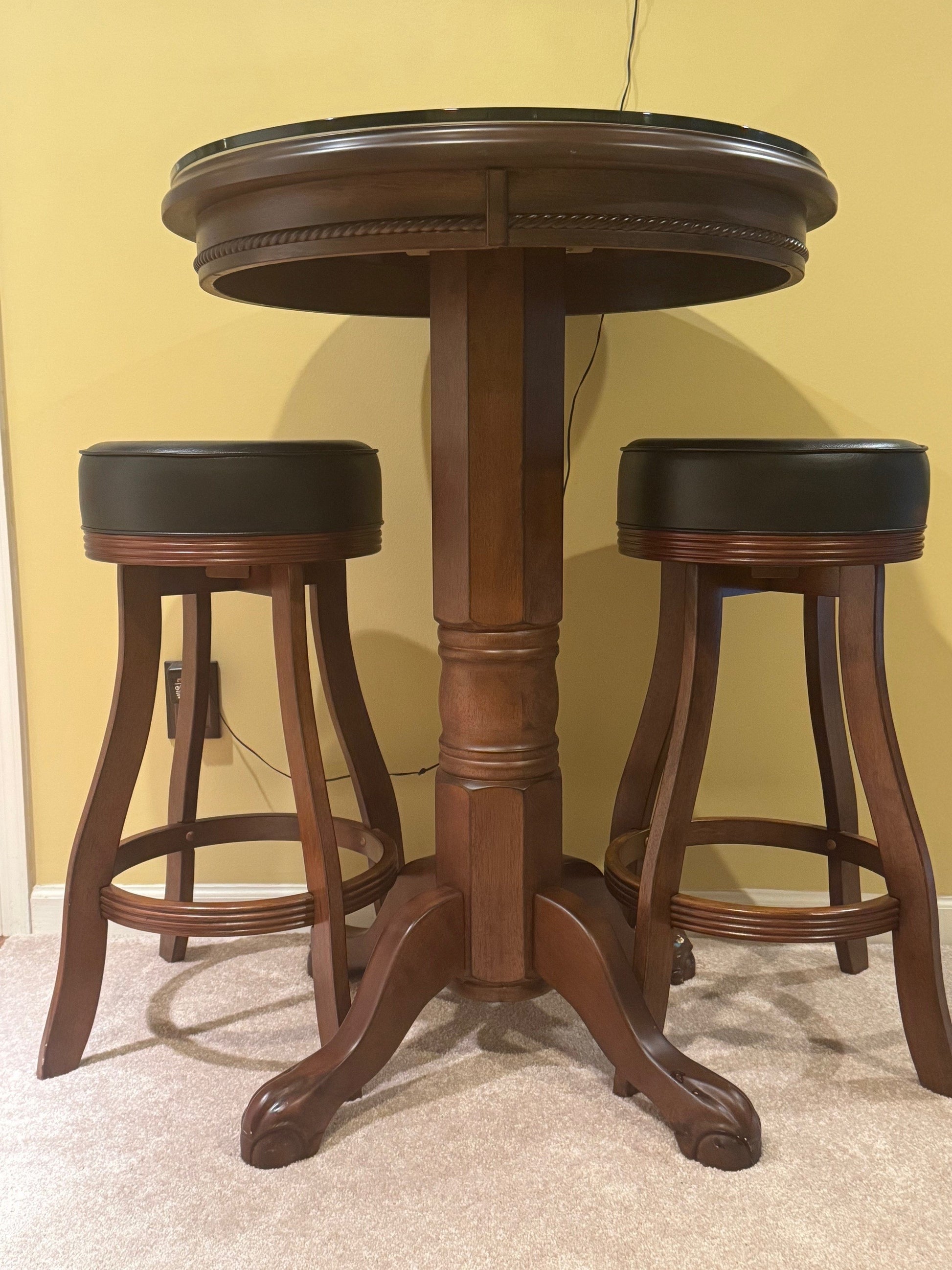Wooden bar table with two stools