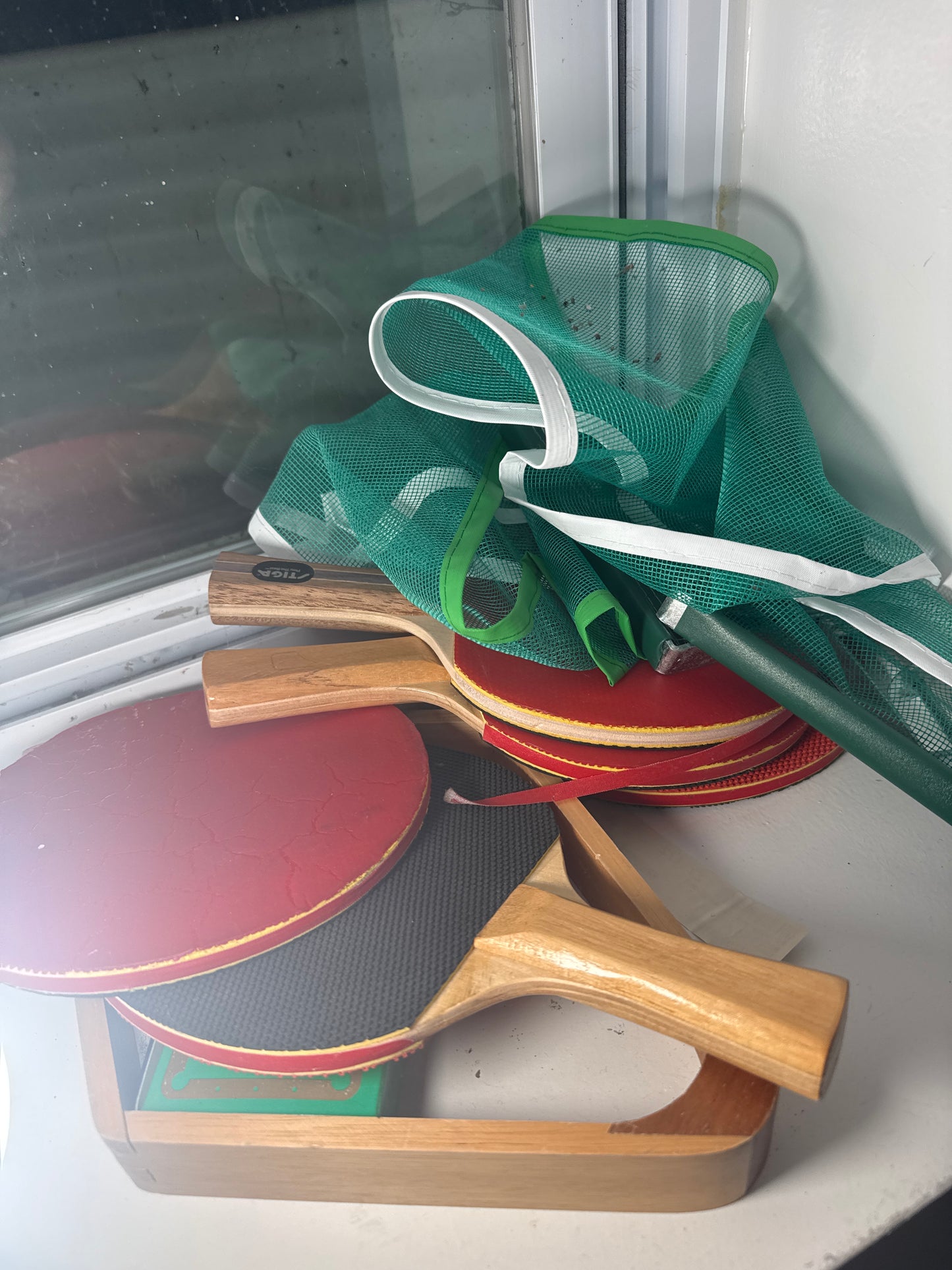 Ping pong paddles & net, chalk, & triangle