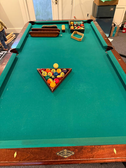 green felt, balls, racks, brushes