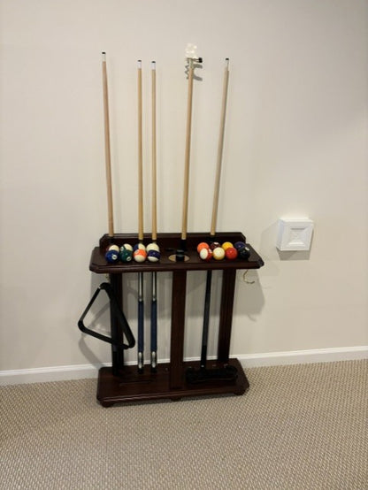 Cues, balls, rack