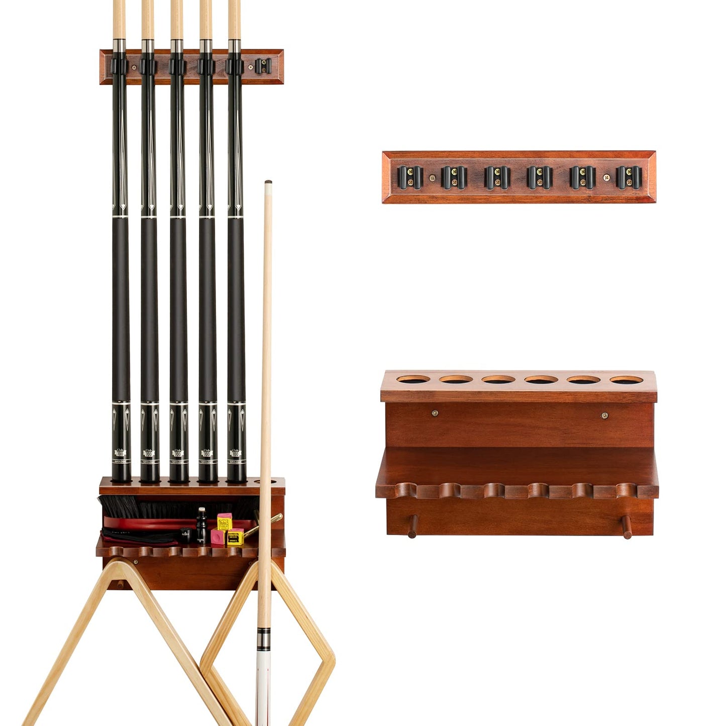 Wall Mount Pool Stick Holder - Billiards Pool Cue Rack Hardwood Pool Cue Set Holder for 6 Cues Sticks Storage Pool Table Accessories Equipment Organizer