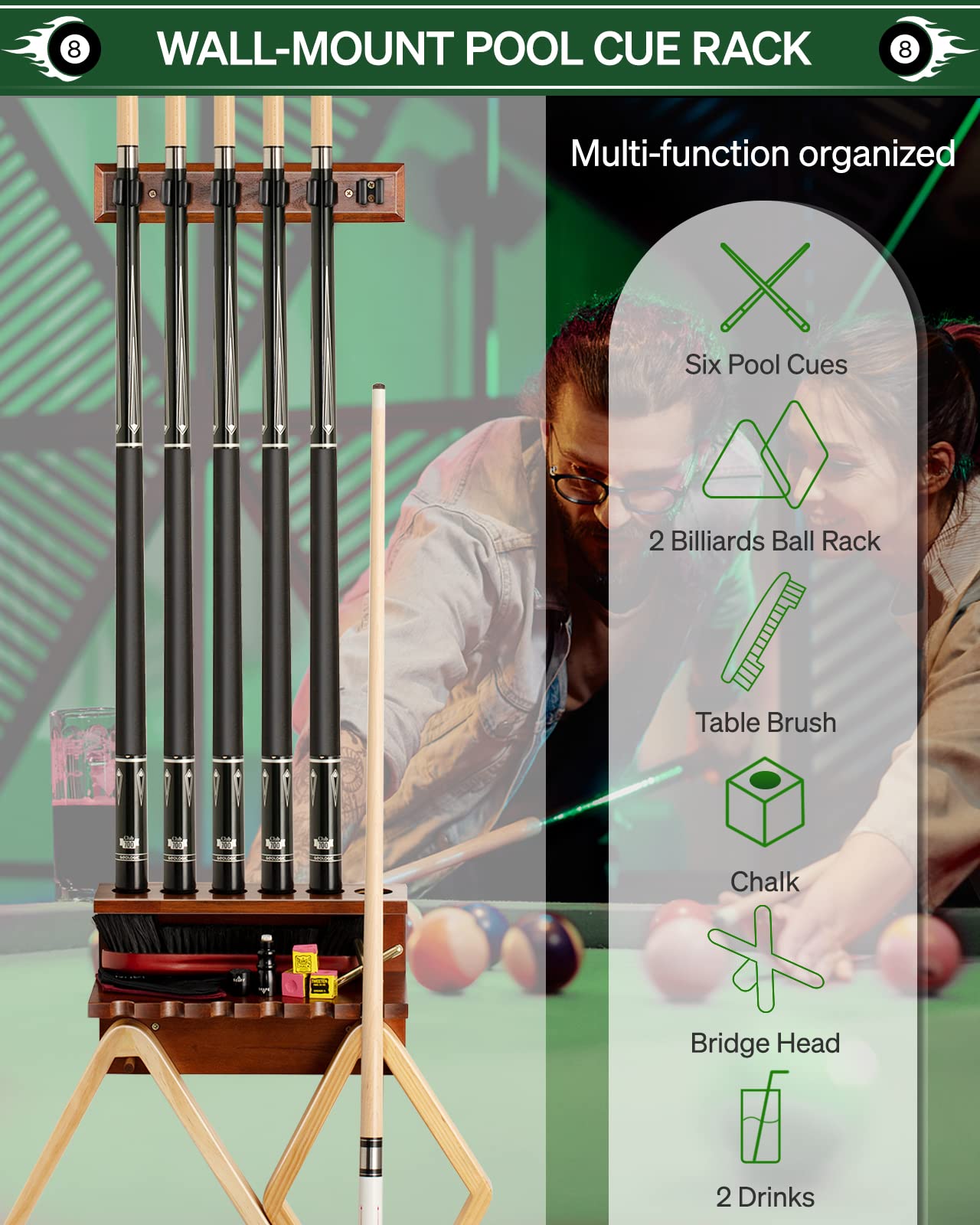 Wall Mount Pool Stick Holder - Billiards Pool Cue Rack Hardwood Pool Cue Set Holder for 6 Cues Sticks Storage Pool Table Accessories Equipment Organizer