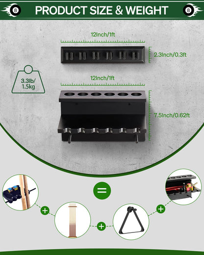 Wall Mount Pool Stick Holder - Billiards Pool Cue Rack Hardwood Pool Cue Set Holder for 6 Cues Sticks Storage Pool Table Accessories Equipment Organizer