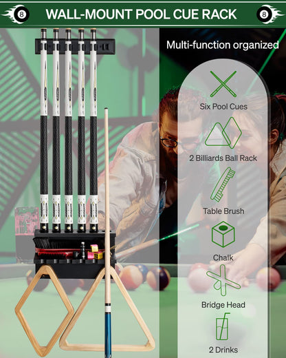 Wall Mount Pool Stick Holder - Billiards Pool Cue Rack Hardwood Pool Cue Set Holder for 6 Cues Sticks Storage Pool Table Accessories Equipment Organizer