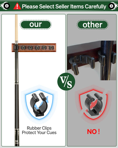 Wall Mount Pool Stick Holder - Billiards Pool Cue Rack Hardwood Pool Cue Set Holder for 6 Cues Sticks Storage Pool Table Accessories Equipment Organizer