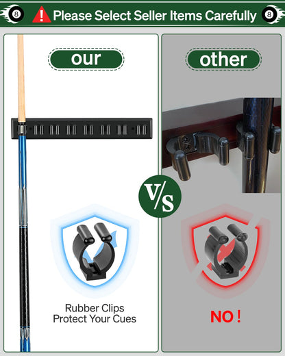 Wall Mount Pool Stick Holder - Billiards Pool Cue Rack Hardwood Pool Cue Set Holder for 6 Cues Sticks Storage Pool Table Accessories Equipment Organizer