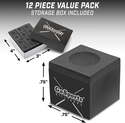 GoSports Premium Pool Cue Chalk Cube 12 Pack - Black, Blue, Red, or Green - Billiards Pool Stick Chalk