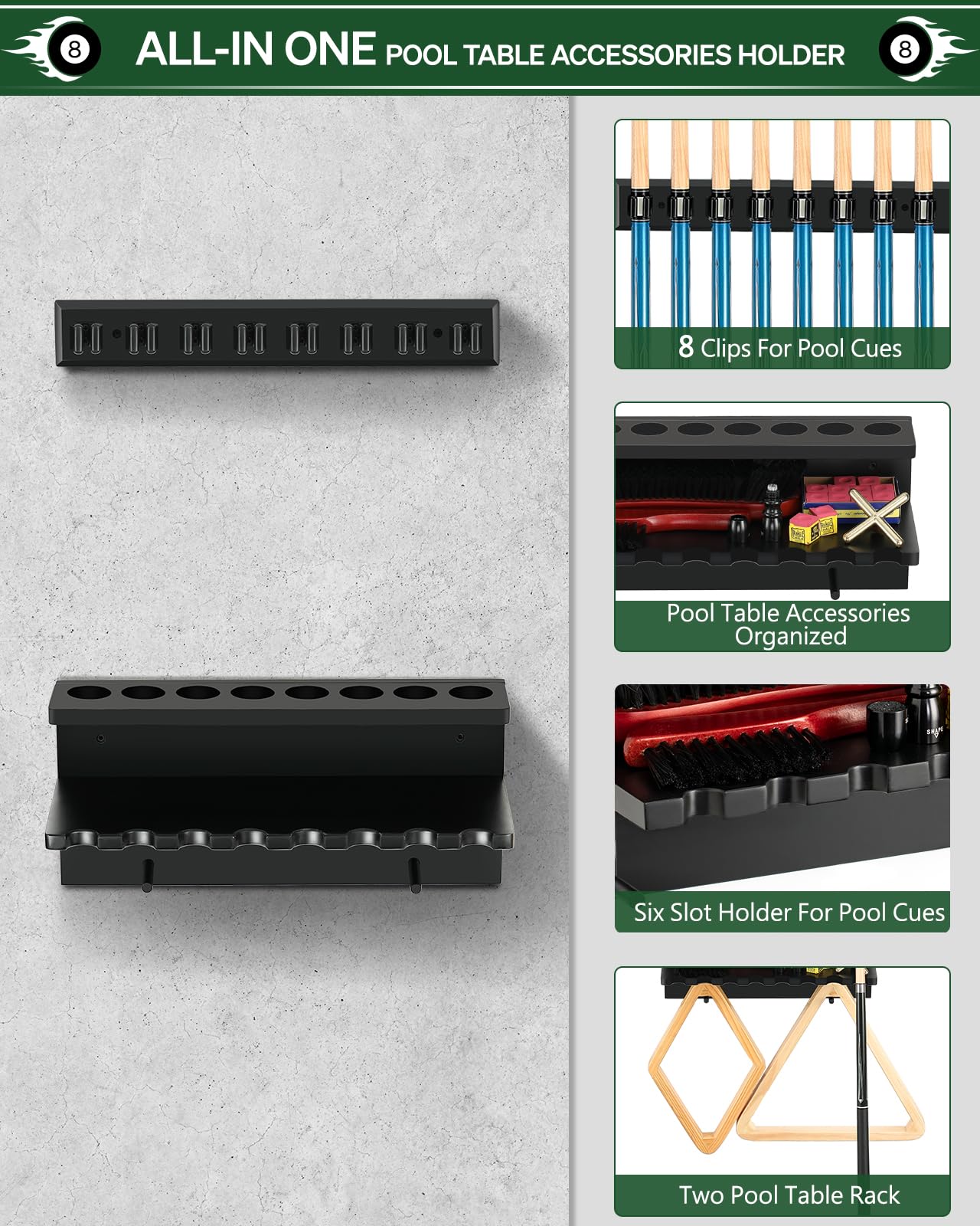 Wall Mount Pool Stick Holder - Billiards Pool Cue Rack Hardwood Pool Cue Set Holder for 6 Cues Sticks Storage Pool Table Accessories Equipment Organizer