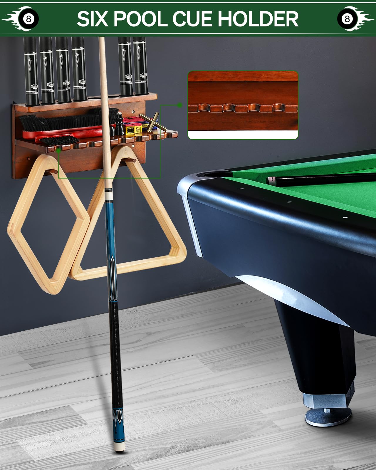 Wall Mount Pool Stick Holder - Billiards Pool Cue Rack Hardwood Pool Cue Set Holder for 6 Cues Sticks Storage Pool Table Accessories Equipment Organizer