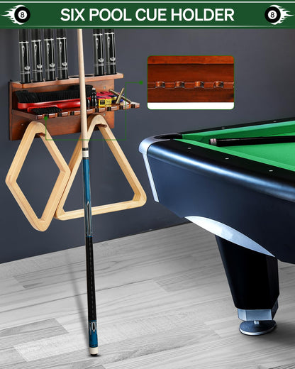 Wall Mount Pool Stick Holder - Billiards Pool Cue Rack Hardwood Pool Cue Set Holder for 6 Cues Sticks Storage Pool Table Accessories Equipment Organizer