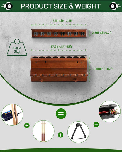 Wall Mount Pool Stick Holder - Billiards Pool Cue Rack Hardwood Pool Cue Set Holder for 6 Cues Sticks Storage Pool Table Accessories Equipment Organizer