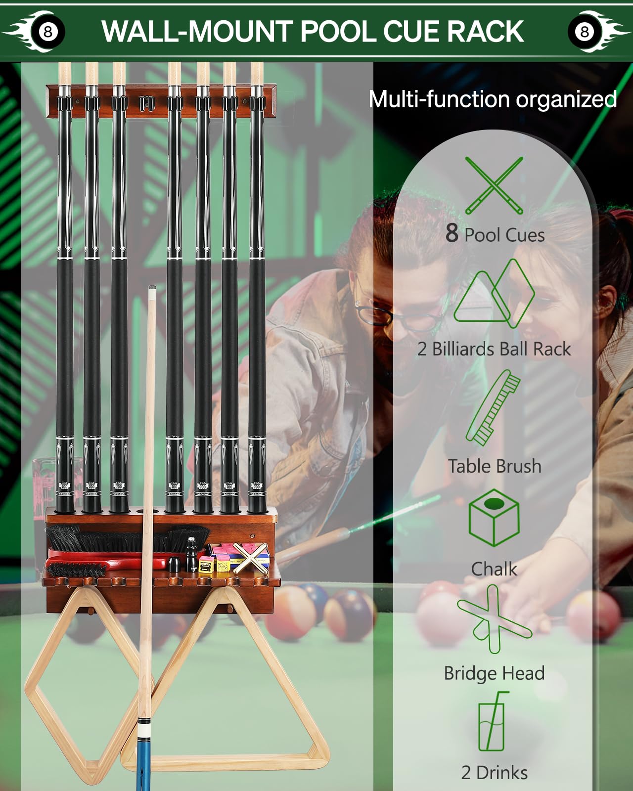 Wall Mount Pool Stick Holder - Billiards Pool Cue Rack Hardwood Pool Cue Set Holder for 6 Cues Sticks Storage Pool Table Accessories Equipment Organizer