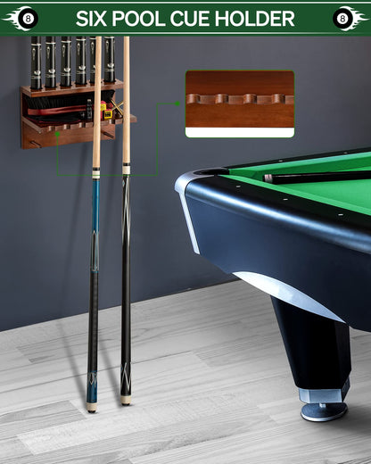 Wall Mount Pool Stick Holder - Billiards Pool Cue Rack Hardwood Pool Cue Set Holder for 6 Cues Sticks Storage Pool Table Accessories Equipment Organizer