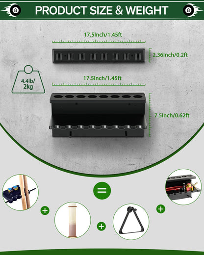 Wall Mount Pool Stick Holder - Billiards Pool Cue Rack Hardwood Pool Cue Set Holder for 6 Cues Sticks Storage Pool Table Accessories Equipment Organizer