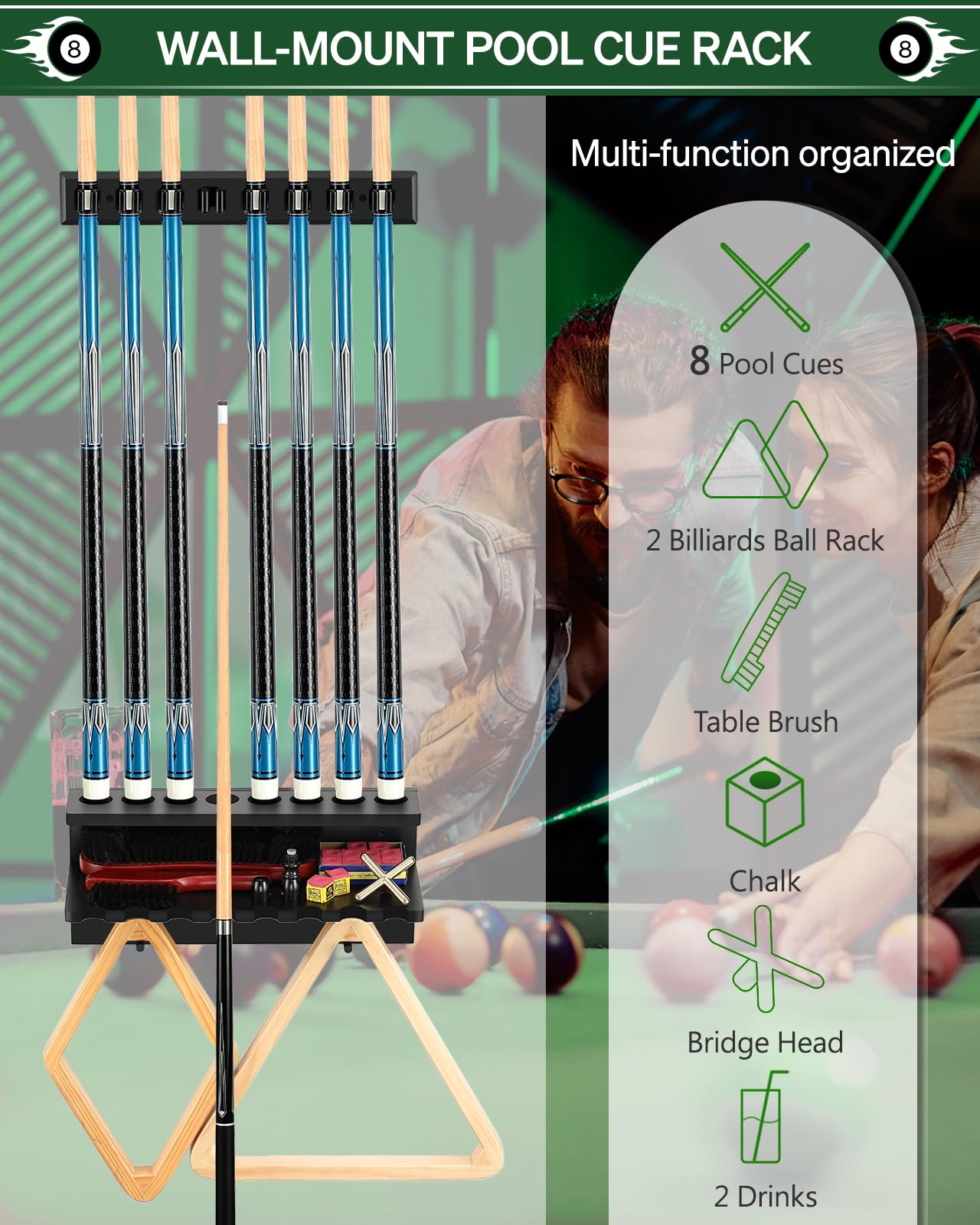 Wall Mount Pool Stick Holder - Billiards Pool Cue Rack Hardwood Pool Cue Set Holder for 6 Cues Sticks Storage Pool Table Accessories Equipment Organizer