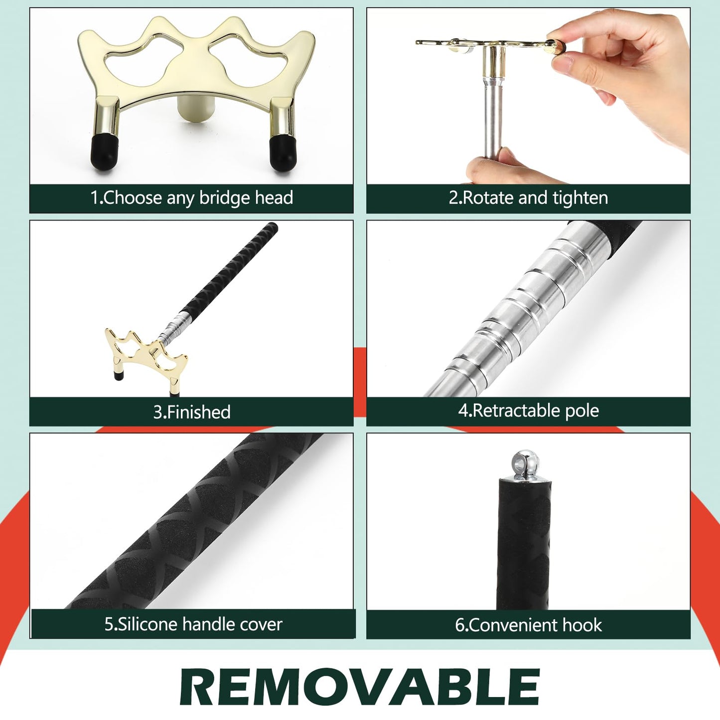 Skylety Pool Cue Snooker Stick Pool Table Accessories Retractable Billiards Cue Rest with Removable Brass Bridge Head