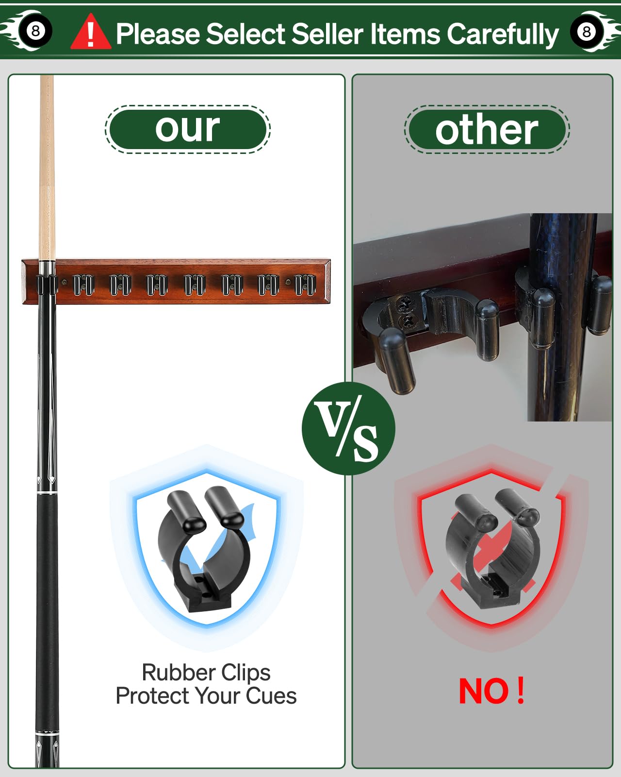 Wall Mount Pool Stick Holder - Billiards Pool Cue Rack Hardwood Pool Cue Set Holder for 6 Cues Sticks Storage Pool Table Accessories Equipment Organizer