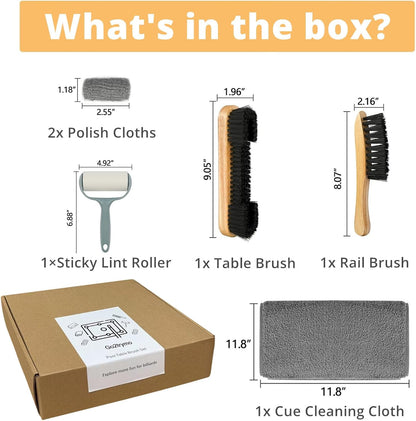 Pool Table & Rail Brush 5 Set, Billiard Felt Cleaner Accessories with 2 Wooden Brushes, Cue Cleaning Cloth, Ferrule Polish Cloth & Sticky Lint Roller