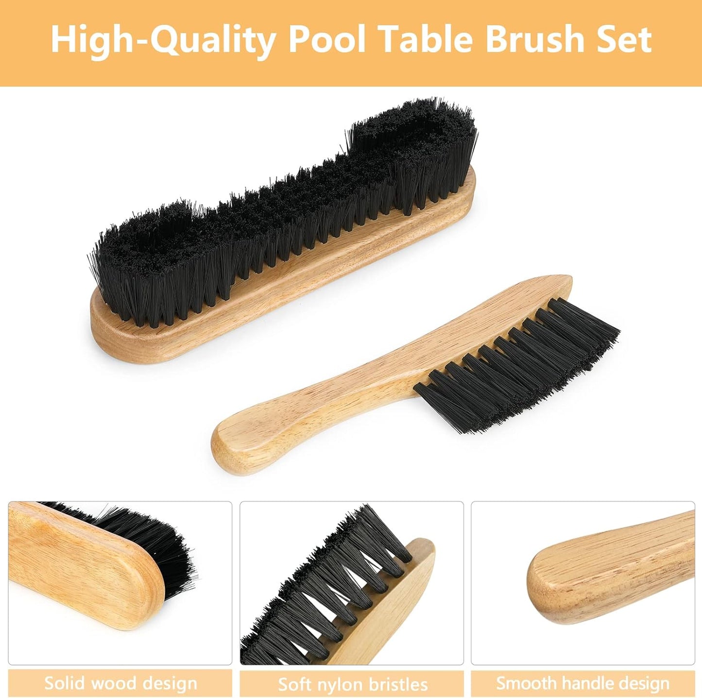 Pool Table & Rail Brush 5 Set, Billiard Felt Cleaner Accessories with 2 Wooden Brushes, Cue Cleaning Cloth, Ferrule Polish Cloth & Sticky Lint Roller