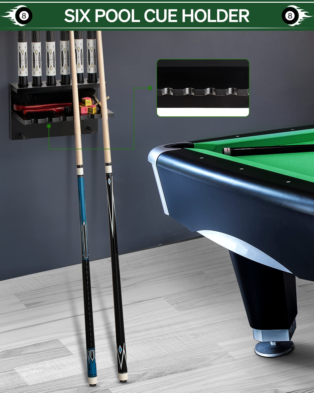 Wall Mount Pool Stick Holder - Billiards Pool Cue Rack Hardwood Pool Cue Set Holder for 6 Cues Sticks Storage Pool Table Accessories Equipment Organizer