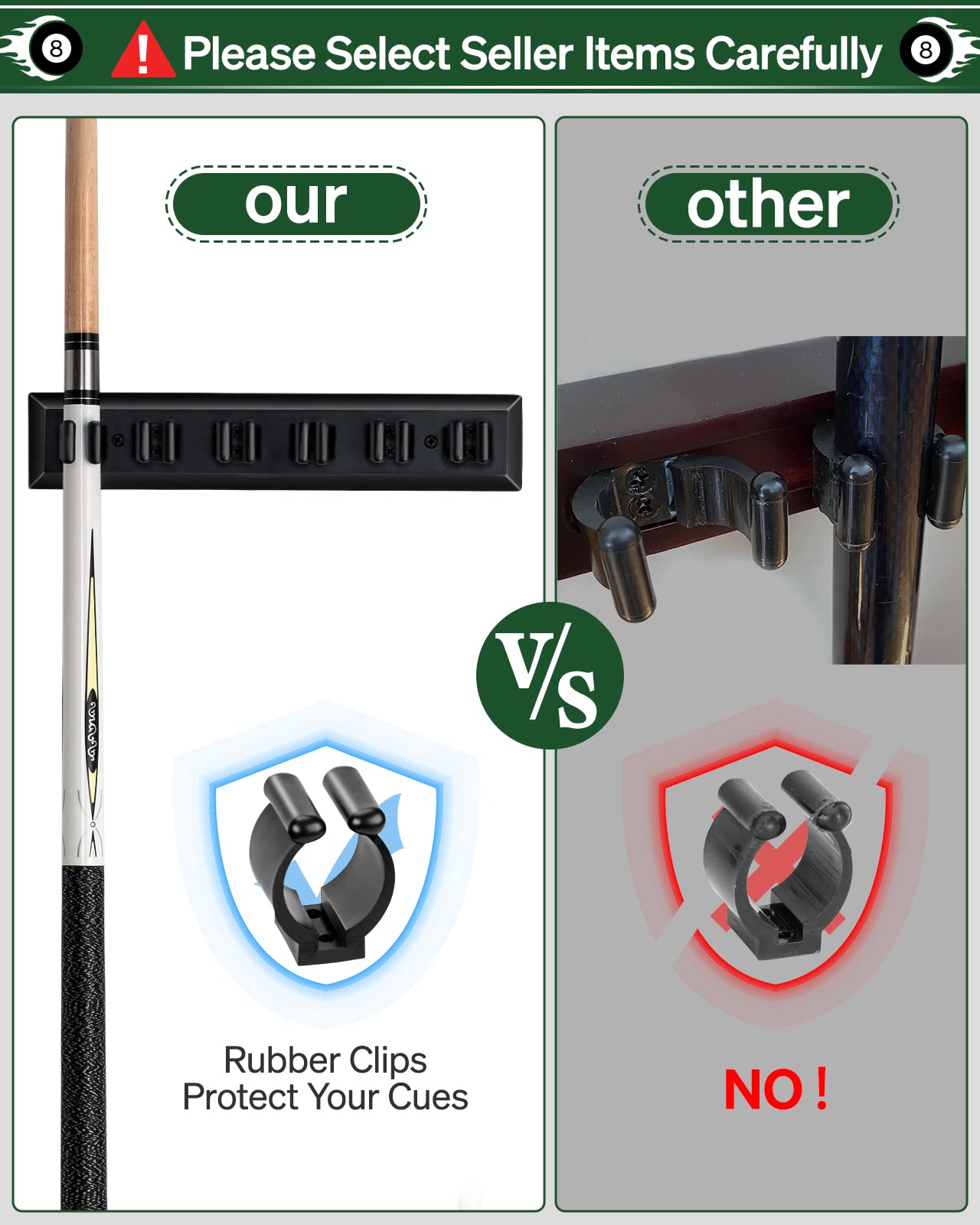 Wall Mount Pool Stick Holder - Billiards Pool Cue Rack Hardwood Pool Cue Set Holder for 6 Cues Sticks Storage Pool Table Accessories Equipment Organizer