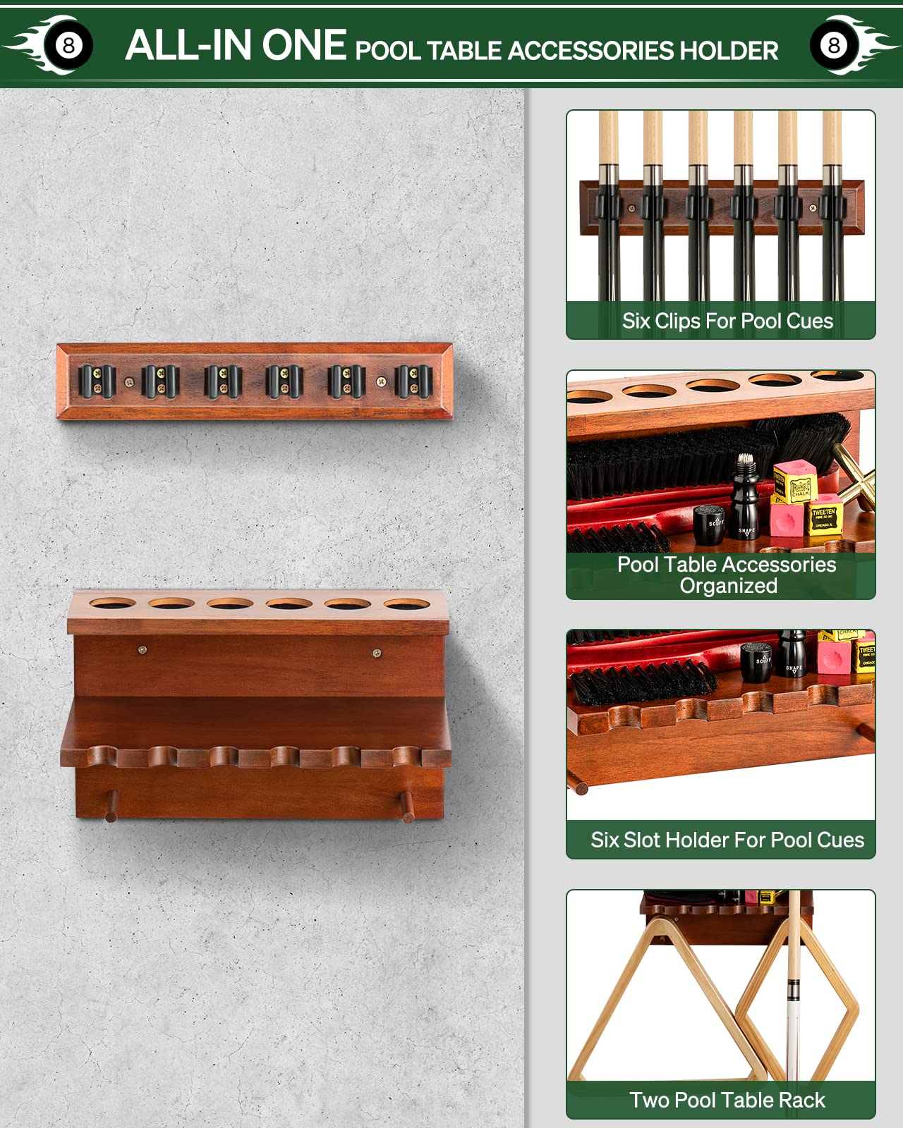 Wall Mount Pool Stick Holder - Billiards Pool Cue Rack Hardwood Pool Cue Set Holder for 6 Cues Sticks Storage Pool Table Accessories Equipment Organizer