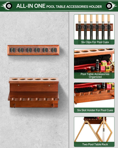 Wall Mount Pool Stick Holder - Billiards Pool Cue Rack Hardwood Pool Cue Set Holder for 6 Cues Sticks Storage Pool Table Accessories Equipment Organizer