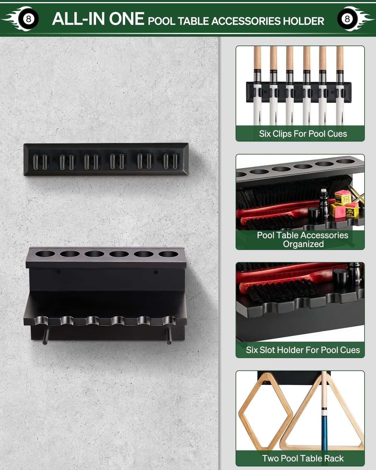 Wall Mount Pool Stick Holder - Billiards Pool Cue Rack Hardwood Pool Cue Set Holder for 6 Cues Sticks Storage Pool Table Accessories Equipment Organizer