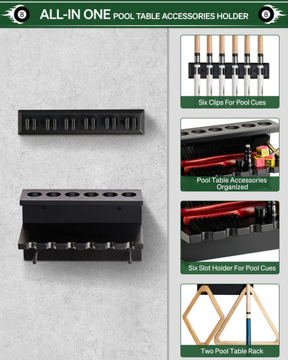 Wall Mount Pool Stick Holder - Billiards Pool Cue Rack Hardwood Pool Cue Set Holder for 6 Cues Sticks Storage Pool Table Accessories Equipment Organizer