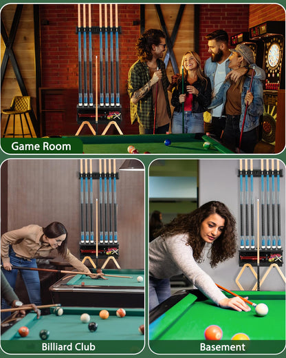 Wall Mount Pool Stick Holder - Billiards Pool Cue Rack Hardwood Pool Cue Set Holder for 6 Cues Sticks Storage Pool Table Accessories Equipment Organizer