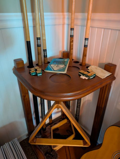 Cue rack, triangle. chalk,. cues