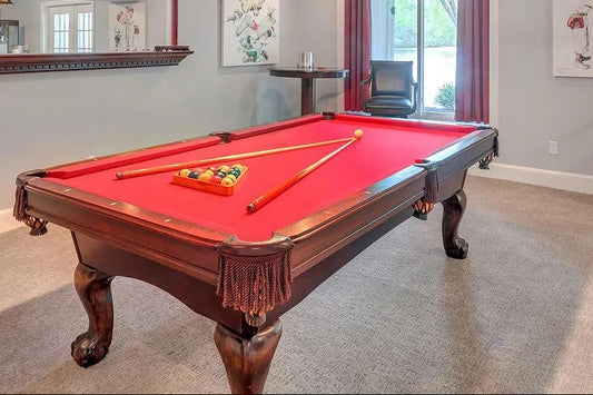 Red felt, cues, balls